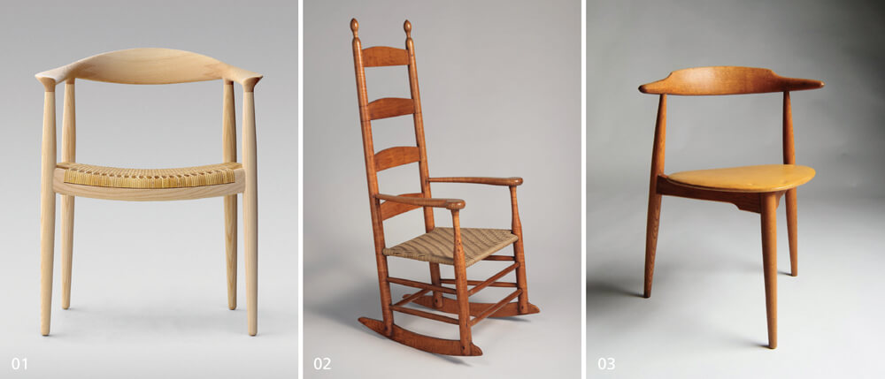 01_The Chair，1949年發(fā)表以來已經成為韋格納著名的代表作。02_Shaker Rocking Chair CH45，美國總統(tǒng)甘迺迪（John F. Kennedy）因為曾參與戰(zhàn)爭，背部受到砲擊破片受傷，因此特別喜愛這張舒適的搖椅。03_The Heart Chair心形椅，現(xiàn)代較為少見的三腳支撐座椅，似乎與丹麥古老民宅內有泥土地的房間有關，在凹凸不平處較為穩(wěn)固